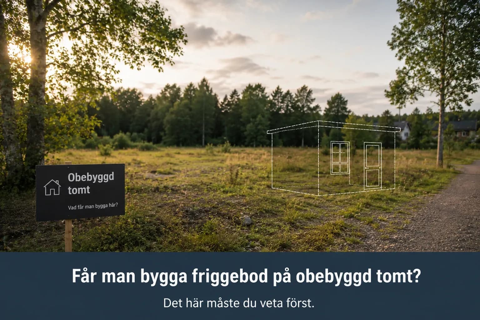 Solbelyst obebyggd tomt med träd i bakgrunden, en skylt med texten “Obebyggd tomt” och en skiss av en friggebod som illustrerar frågan om man får bygga på tomten.