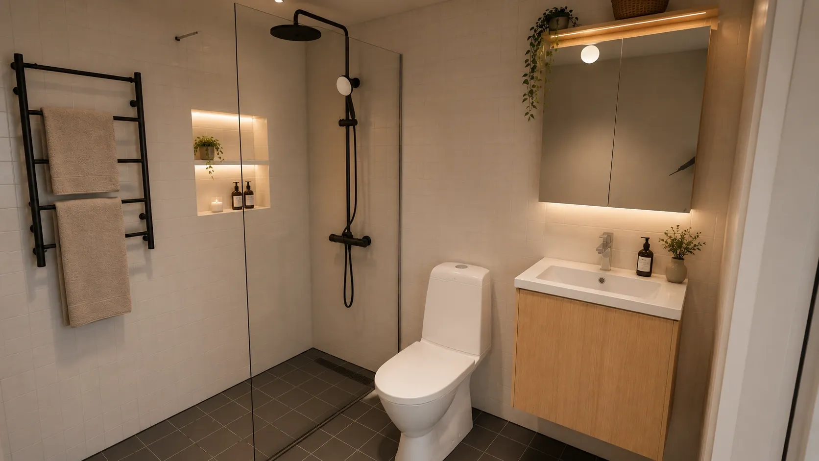 Attefallhus/komplemenbostadshus som visar ett badrum med kommod/handfat, dusch och toalett