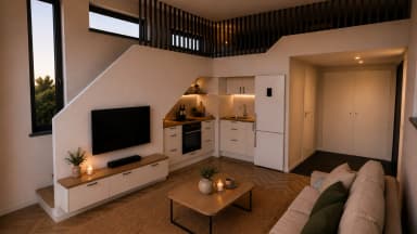 Attefallshus med loft som visar kök, allrum och hall