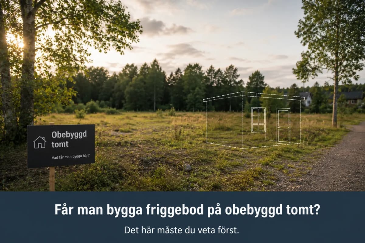 Solbelyst obebyggd tomt med träd i bakgrunden, en skylt med texten “Obebyggd tomt” och en skiss av en friggebod som illustrerar frågan om man får bygga på tomten.